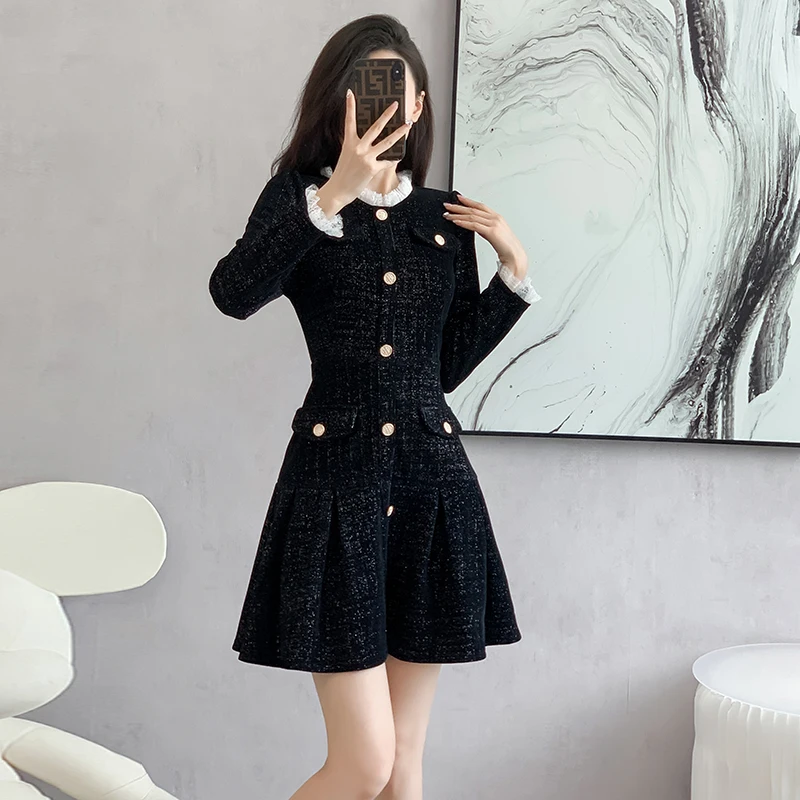 

Женское винтажное твидовое платье, однобортное облегающее офисное плиссированное платье мини с воротником с оборками, Осень-зима 2023