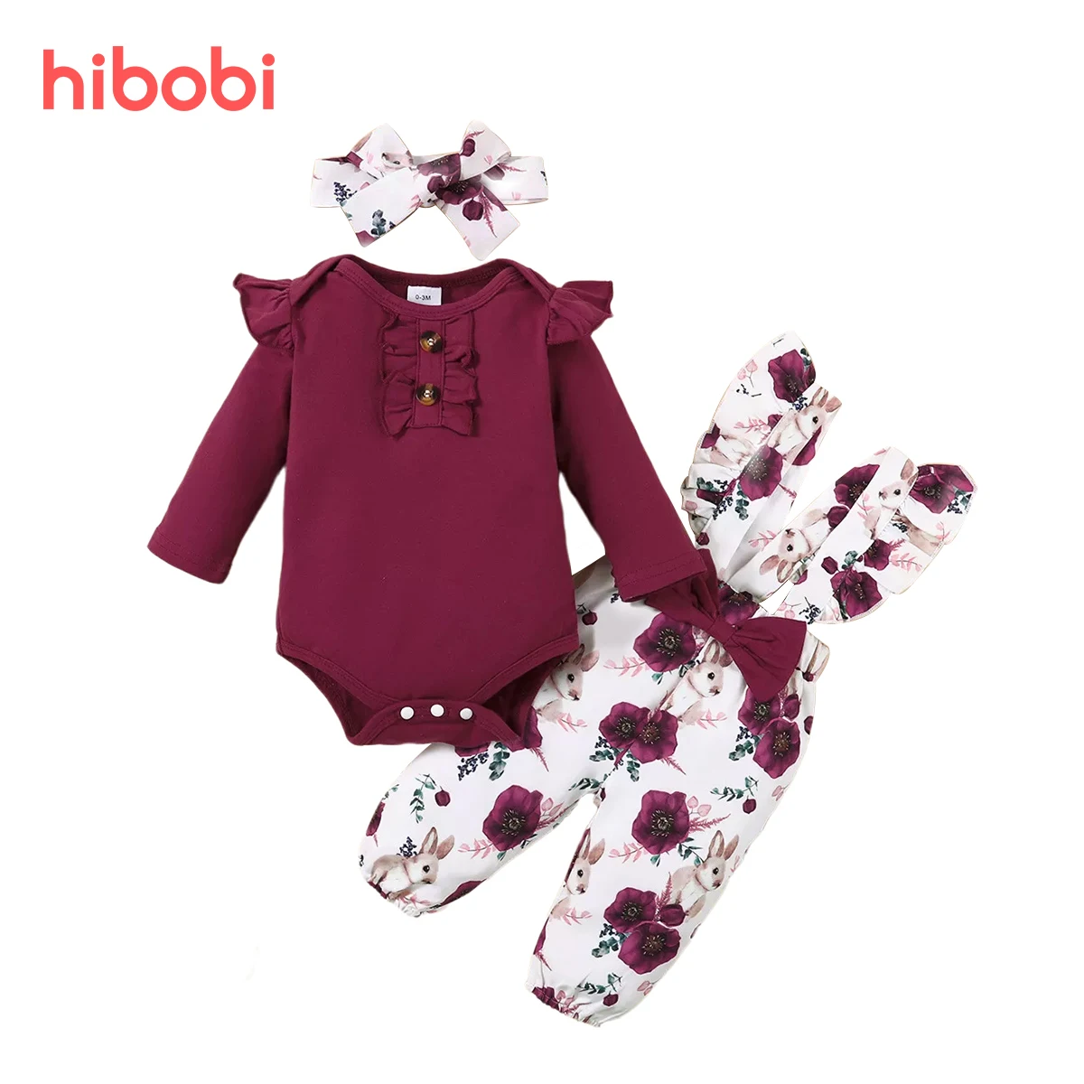 

hibobi 3pcs Newborn Baby Girl Clothes Floral Printed Ruffled Long Sleeve Romper & Pants & Bowknot HeadwrapBaby Girl Outfit Set