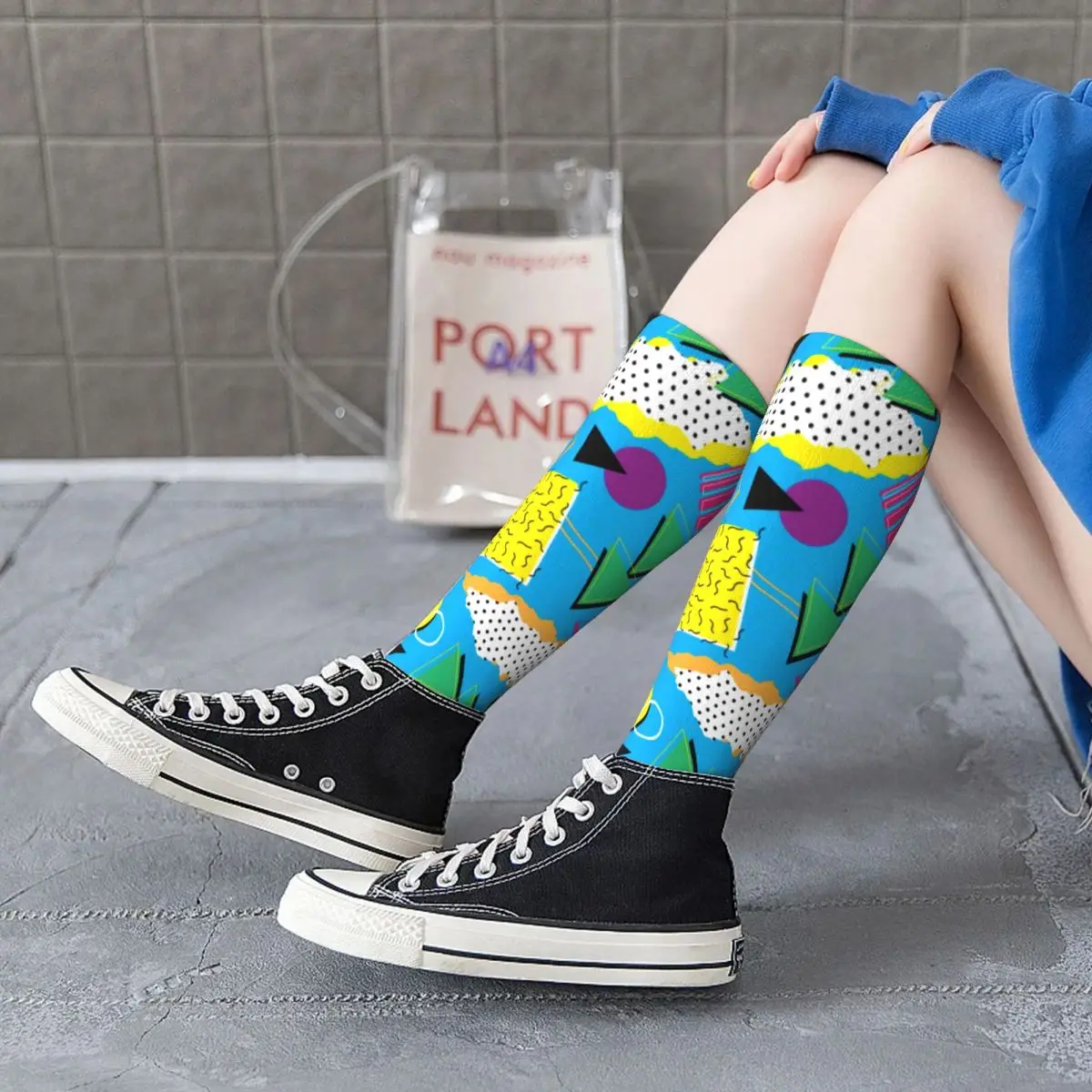 

Retro 80s Geometric Socks Memphis Art Print Stylish Teen Mid Stockings Large Chemical Fiber Home Matching Socks