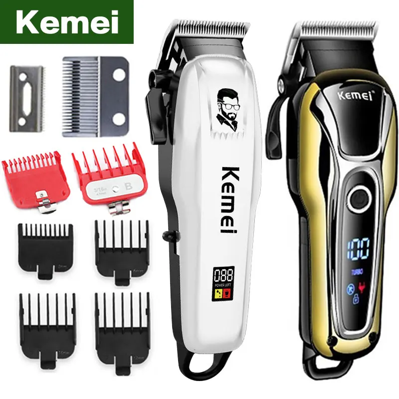 

Мужская электрическая профессиональная машинка для стрижки волос Kemei, триммер для бритья волос и бороды, регулируемая скорость, светодиодн...