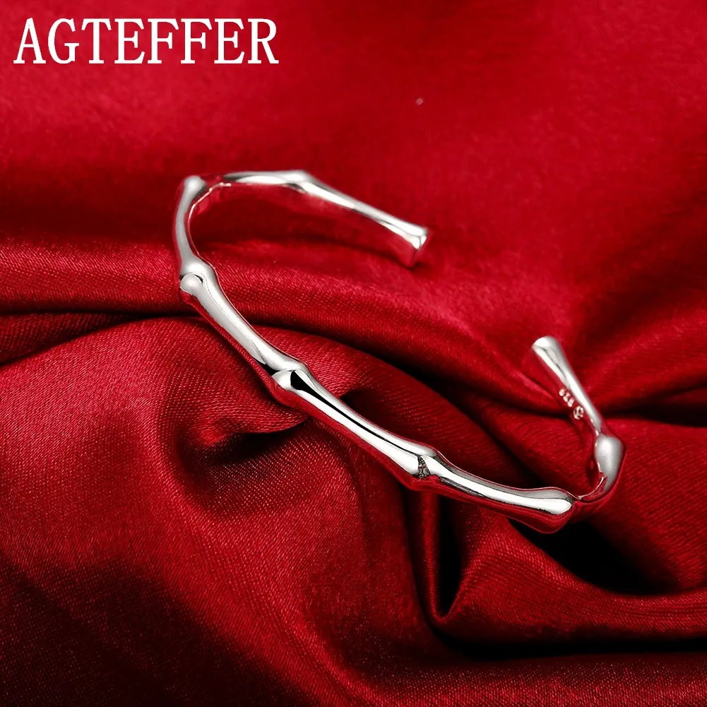 

AGTEFFER 925 Sterling Silver Bamboo Joint Opening Cuff Bracelet Bangles For Women Wedding Engagement Party Fashion Jewelry