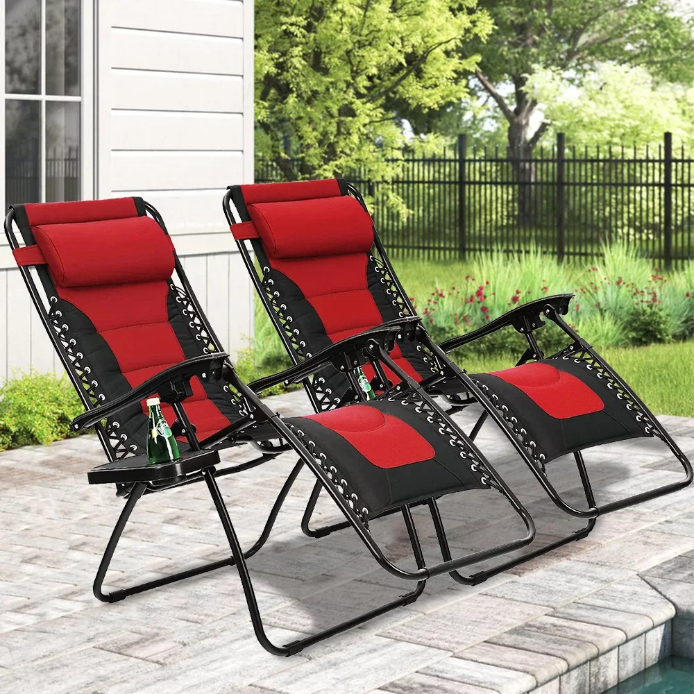 

Set of 2 Padded Zero Gravity Lounge Chair Adjustable Potable Camping Lawn Chair Heavy Duty Steel Frame with Cup Holder, Red