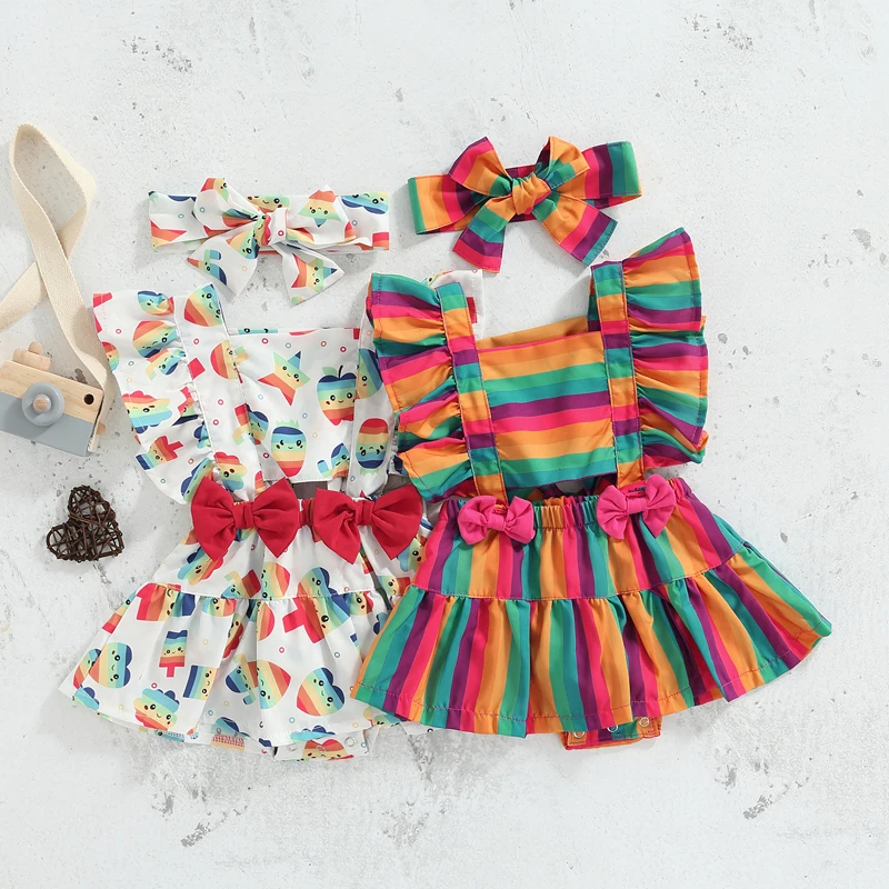 

Bmnmsl Newborn Girl Flying Sleeve Bodysuit Square Neck Rainbow/Heart Pattern Dress Style Hem Romper with Bow Headband