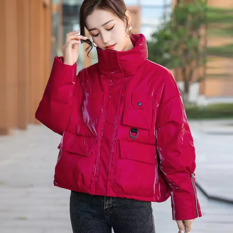 Parka Women Short Coats Jackets 2022 Winter Bright Side Cotton-Padded Pockets Splicing Turtleneck Thickening Skinny Parkas Woman
