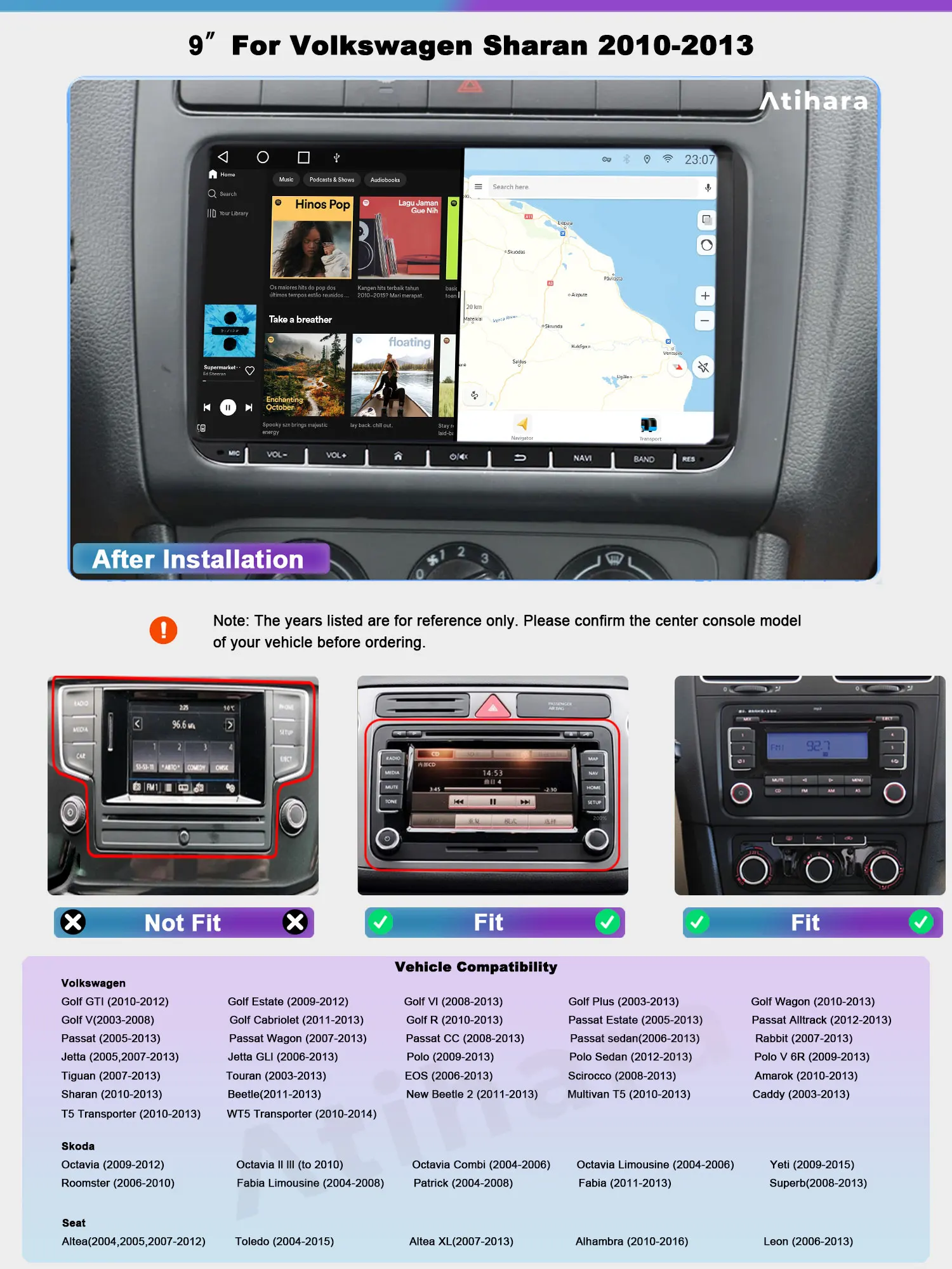 Atihara 9-дюймовый Android автомобильный радиоприемник для Volkswagen Sharan 2010-2013 2Din 4G + Wi-Fi GPS