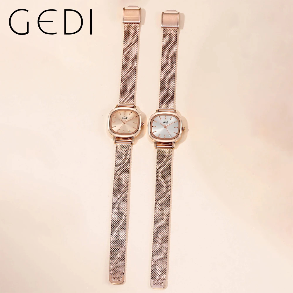 GEDI Luxury Rose Gold Square Women Watches Fashion Milanese Steel Strap Waterproof Analog Quartz Wrist Watch for Ladies Clock