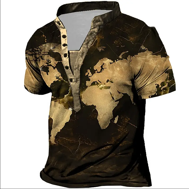 

Men's Henley shirt pattern map standing collar clothing 3D printing outdoor daily short sleeved button printed fashion top