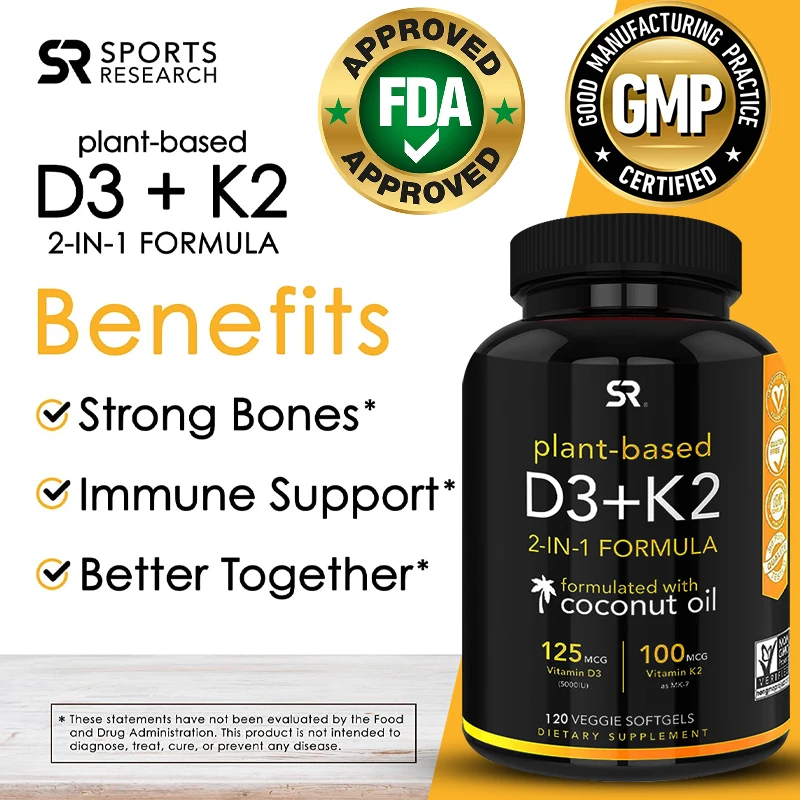 

Vitamin K2 + D3 Capsules with Organic Coconut Oil, 2-in-1 Nutritional Support for Better Absorption, Heart, Bone & Teeth Health