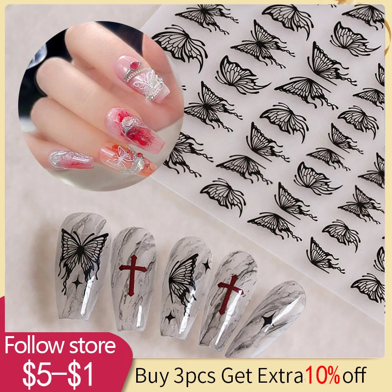 

1pcs Nail Art Decals Black Butterfly Summer Flowers Back Glue Nail Stickers Decoration For Nail Tips Nail Accesoires