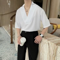vintage v neck pullover shirts for men 2022 summer short sleeve loose casual oversized shirt streetwear social party tops blouse