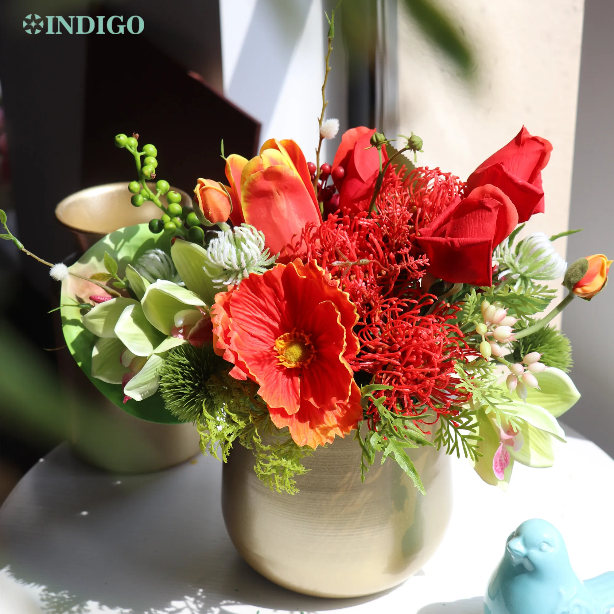 1 Set Orange Tulip Calla Daisy Pincushion With Iron Vase Bonsai Flower Arrangement Gift Unique Design Christmas Decoration Party