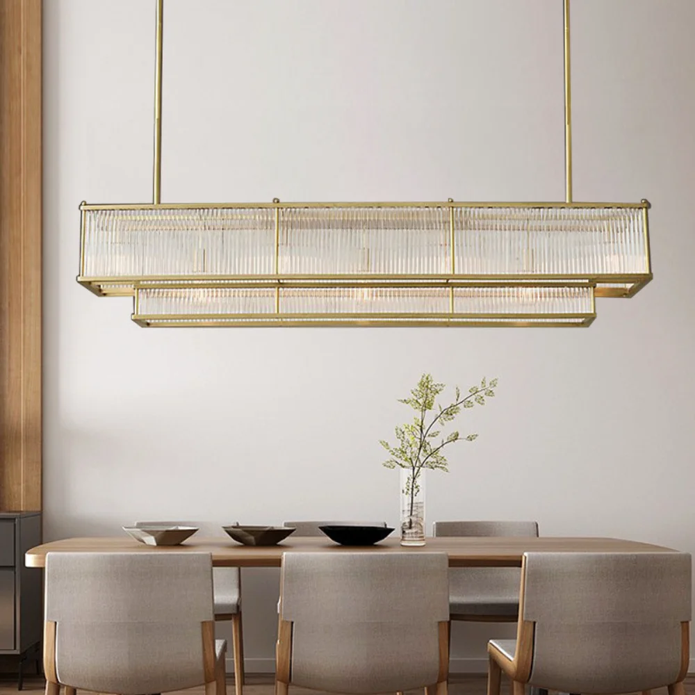 

American Dining Room E14 Led Pendant Lights Straight Glass Shade Pendant Lamp Luxury Gold Metal Rod Hanging Lamp Fixtures