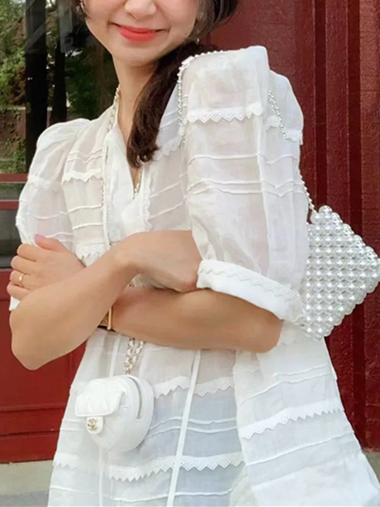 

Women White Sweet Blouses 2022 Summer new Lace-up Breathable Puff Sleeve Ladies Lace Edge Shirt tops Chemise