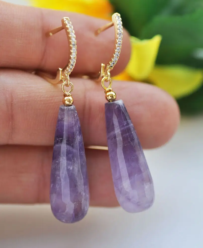 

S2508 Real 31mm Drop-Faceted Purple Amethyst Dangle Earring CZ