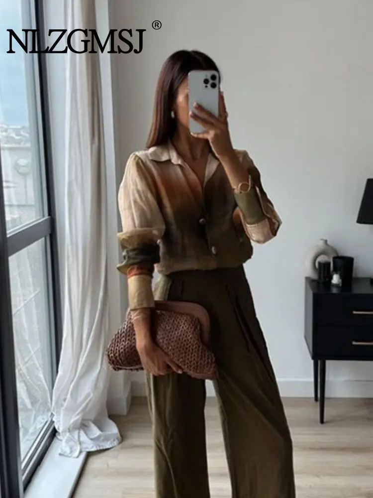 

Nlzgmsj TRAF - 2023 Women Tie Dye Blouse Top Summer Female Lapel V-Neckline Single-Breasted Long Sleeve Loose Thin Shirt