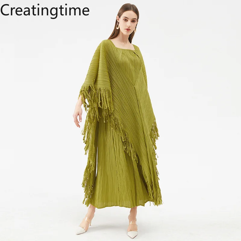 

Creatingtime 2022 Summer New Fashion Women's Solid Color Round Neck Tassel Pleated Patchwork Loose High Waist Casual Dress GA484