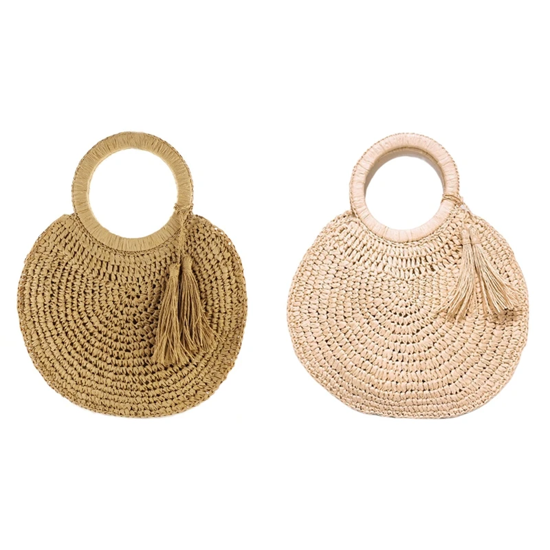 

Соломенная Сумка ASDS для женщин, плетеная круглая сумочка из ротанга с кисточками, вместительный тоут на плечо, женская сумка