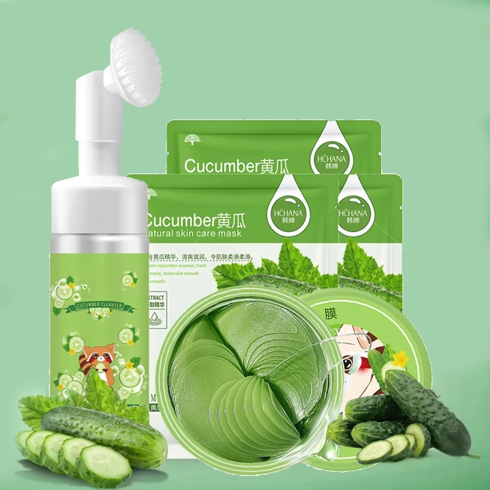 

Facial Skin Care Set Cucumber Moisturizing Korean Face Mask Nourishing Shrink Pores Anti Dark Circle Eye Cream Cosmetics kit