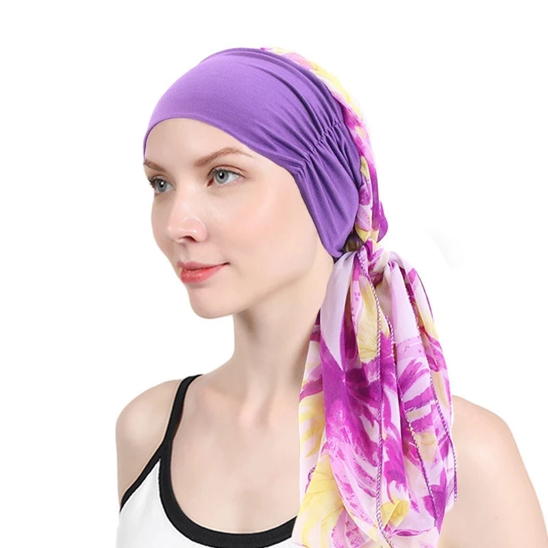 

Women Turban Chiffon Flower Print Long Hair Band Scarf Head Wraps Hat Boho Pre-Tied Ladies Bandana Chemo Cap Hair Accessories
