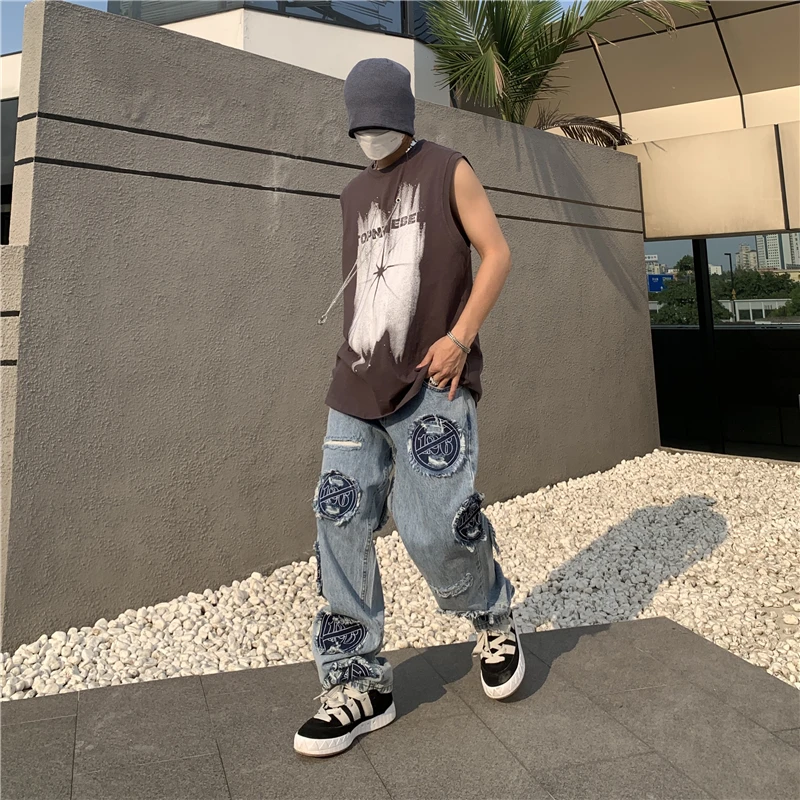 Hip Hip Denim Pants Mens Streetwear Patchwork Ripped Denim Zipper Pants Harajuku Cotton Joggers Jeans Trousers Straight Pants