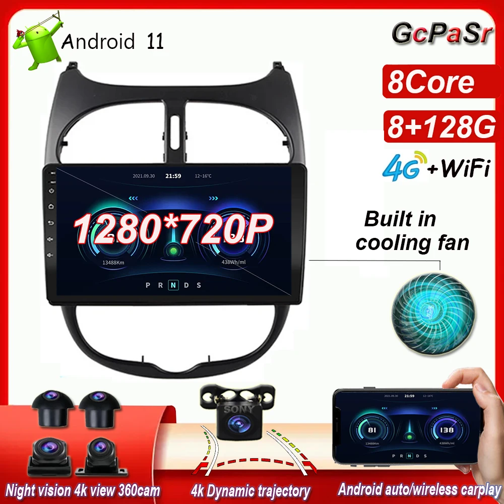 

Carplay 8 + 128 Android 11 для Peugeot 206 1998-2012 Автомагнитола мультимедийный видеоплеер Навигация стерео GPS Android Авто 360 камера