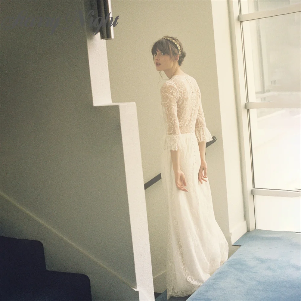 

Graceful O Neck Bride Dress Lace Quarter Sleeves Bride Gown Button Back Floor-length Dress For Bride 2022 vestidos de fiesta