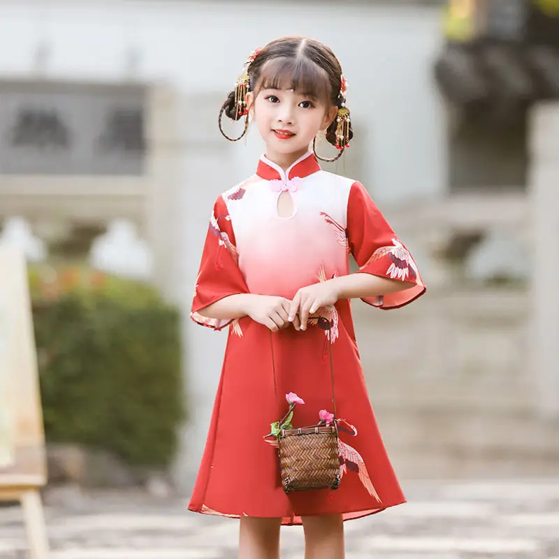 

2023 Summer Children's Party Dress Girls Cheongsam Hanfu Red Student Girl Dress Retro Chinese Stand Collar Baby Clothing Ladies