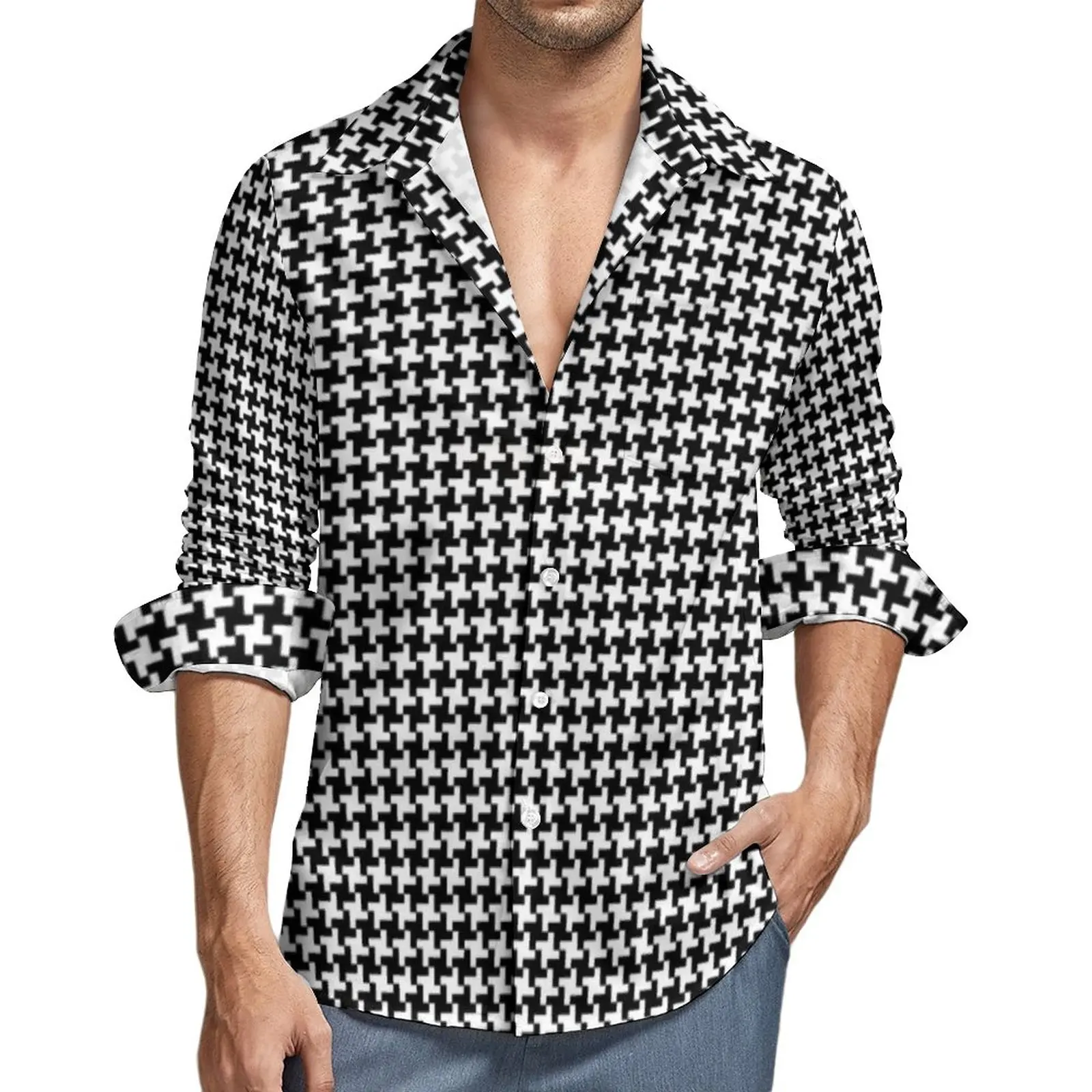 

Houndstooth Geometric Shirt Autumn Black Texture Casual Shirts Men Vintage Blouses Long Sleeve Pattern Y2K Clothing Large Size