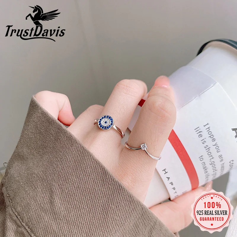 

TrustDavis Genuine 925 Sterling Silver Ring Personality Eye with Blue CZ Opening Finger Ring for Women Party Jewelry Gift DL001