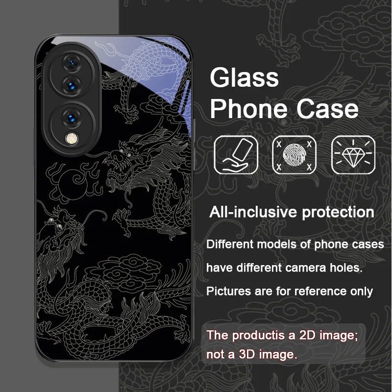 Фото Эстетичный черный чехол из закаленного стекла с принтом дракона для Huawei Nova 13 12 11 10 SE Mate 70 60 Pro+ P60 P50 P40 №5