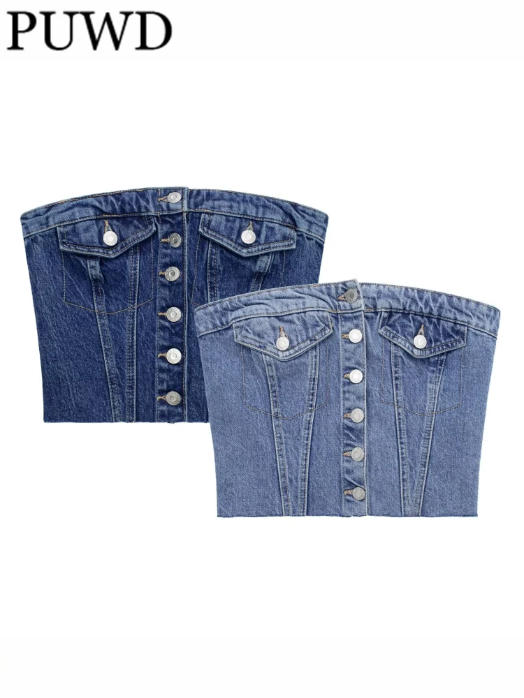 

PUWD Women Fashion Blue Denim Strapless Front Buttons Tops Vintage Straight Neck Single-breasted Female Camis Mujer