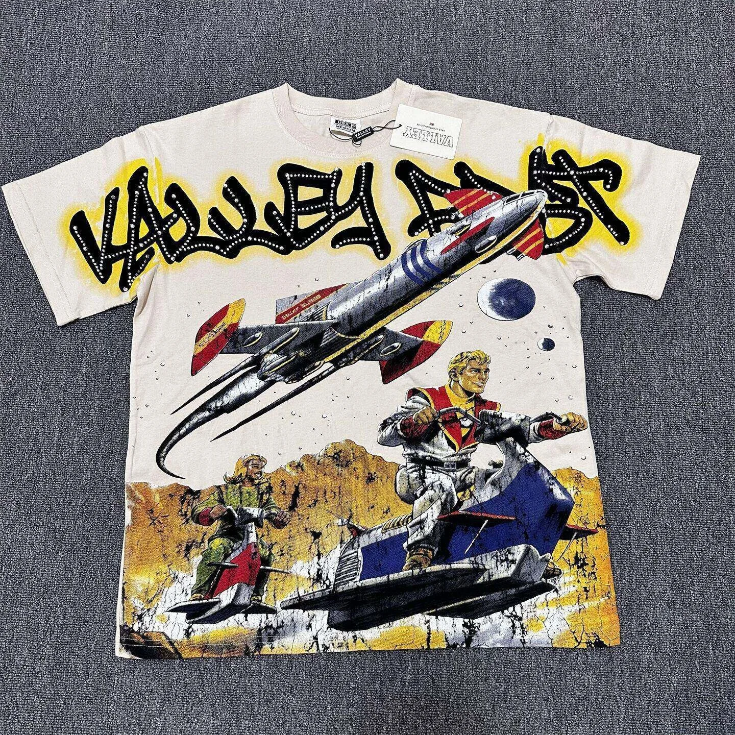 Фото Футболка Vale Forever Valley с винтажным принтом и стразами, унисекс, свободный крой, уличный стиль №1