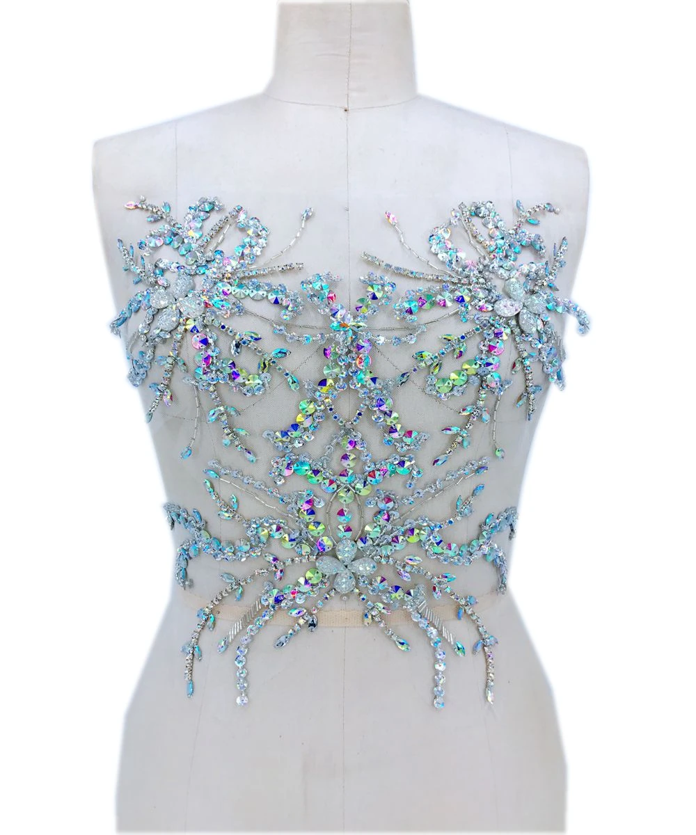 

A65 handmade crystal patches trim sew on clear AB colour rhinestones applique 33*32cm for dress accessories