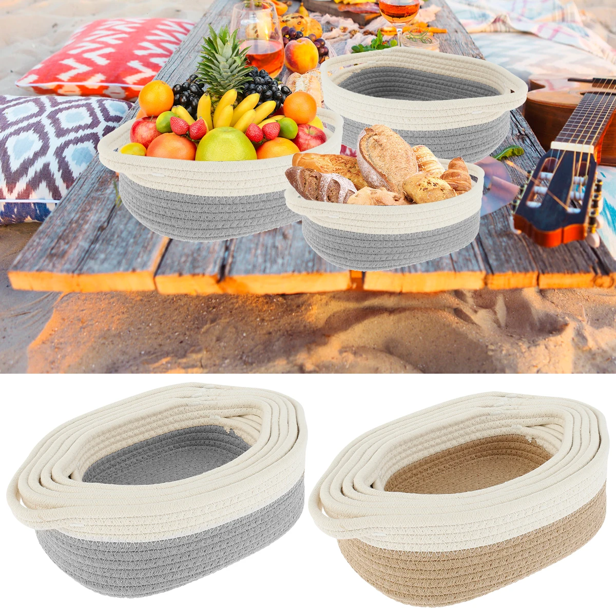 

NEW 5Pcs Cotton Rope Woven Basket with Handle Rectangle Rope Storage Basket 5 Sizes Soft Woven Blanket Nursery Storage Bin