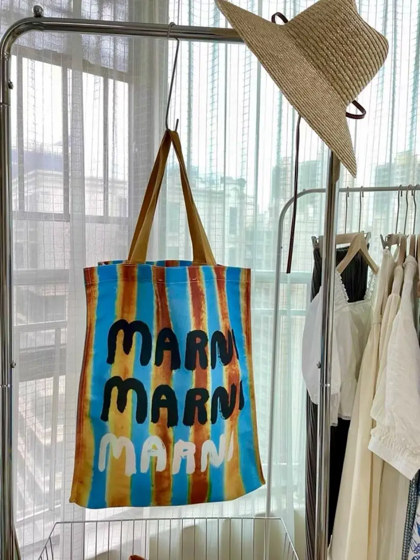 

Korean Fashion Striped Marnis Canves Bag Large Capacity Shopping Bag Artistic Printing Y2k High Street Shoulder Bag Handbags