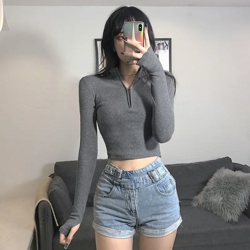 

Women's Simple Bottoming Shirt Comfortable Rib-knit Half Turtleneck Zipper Long Sleeves Short Solid Slim Breathable Yoga T-shirt