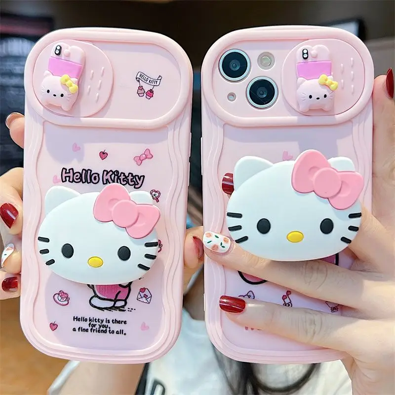 

Original Sanrio 3D Hello kitty Sliding Camera Case For iPhone 14 13 12 11 Pro Max Plus Holder Full Protection Phone Cover