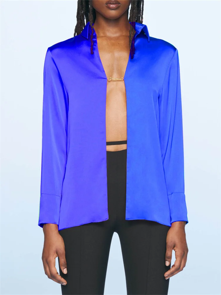 

hirigin Elegant Women Long Sleeve Blouses Solid Color Turn-Down Collar Chain Connect Split Loose Shirts Casual Simple Tops OL