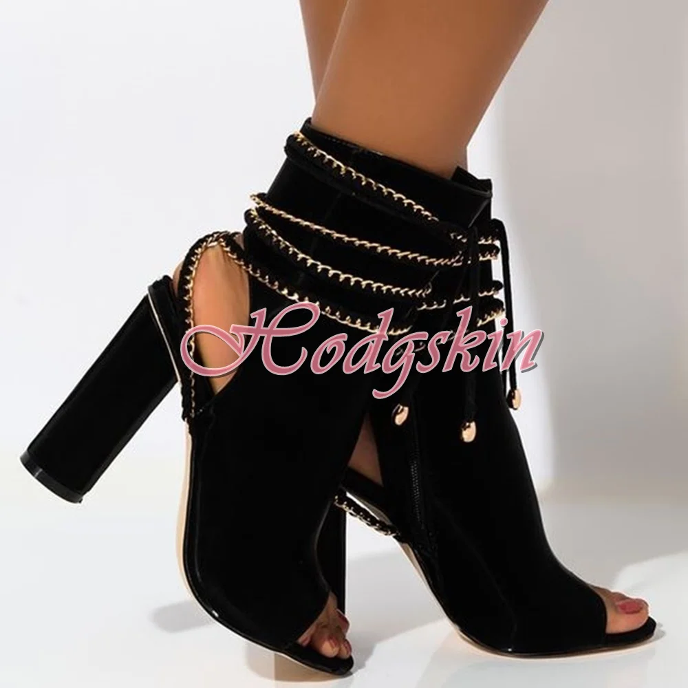 Shiny Leather Peep Toe Boots Chunky High Heels Solid Zipper Women Sexy Shoes Straps Lace Up Ankle Boots Autumn Party Runway Shoe
