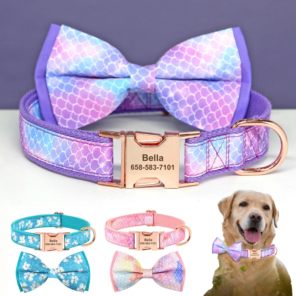 

Personalized Dog Collar Nylon Bowknot Dogs Buckle Collars Anti-lost Free Engraving Nameplate Cute Bow Tie Pet Accessories Pug