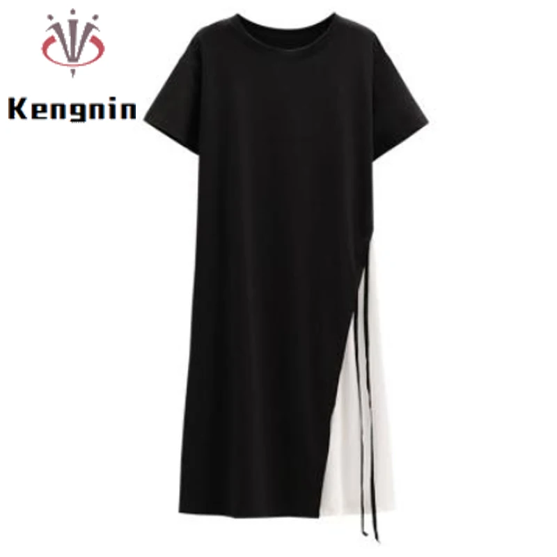 

Plus Size 4XL Dresses 2022 Summer Casual T-Shirts Dress Loose Patchwork Lady Vestido Female Robe Clothing Black Dress KE2566