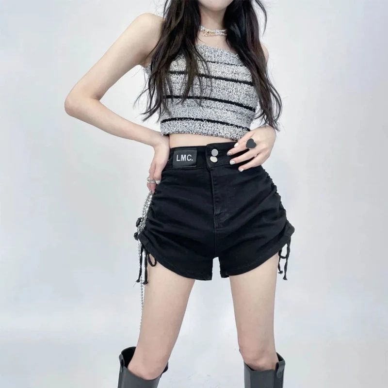Summer New Solid Color High Waist Denim Shorts Drawstring Slim Stretch Black Hot Pants Korean Fashion Women Clothing