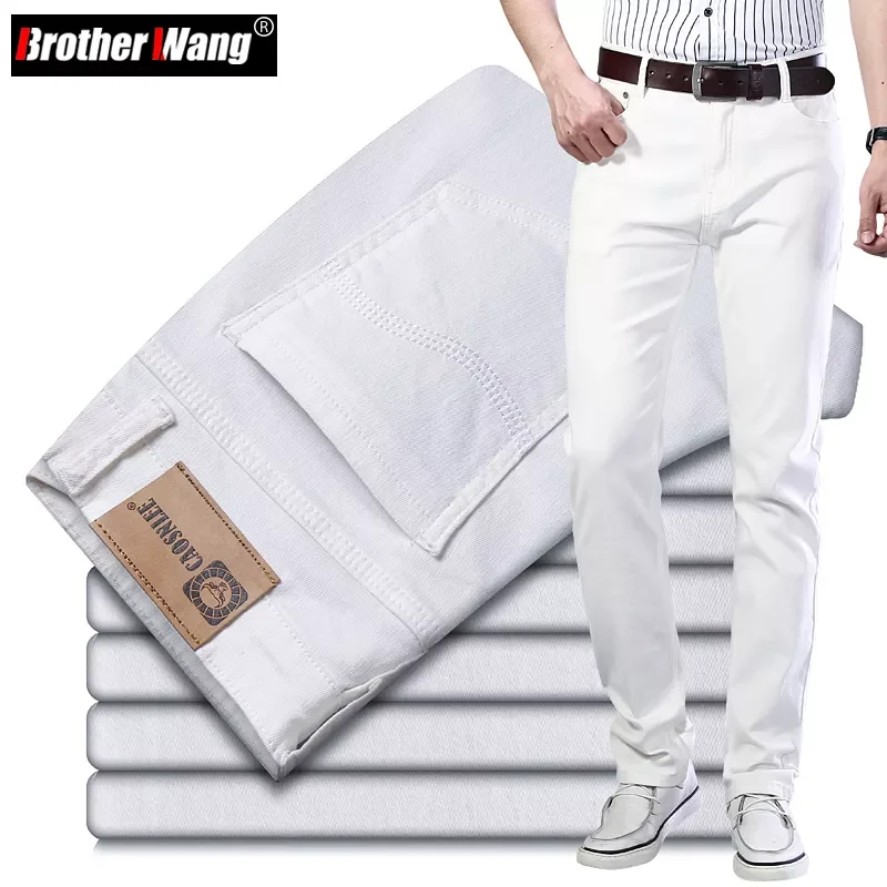 

NEW IN Summer Men's White Stretch Regular Fit Jeans Classic Style Business Casual Cotton Slim Trousers Denim Pants Male Bran
