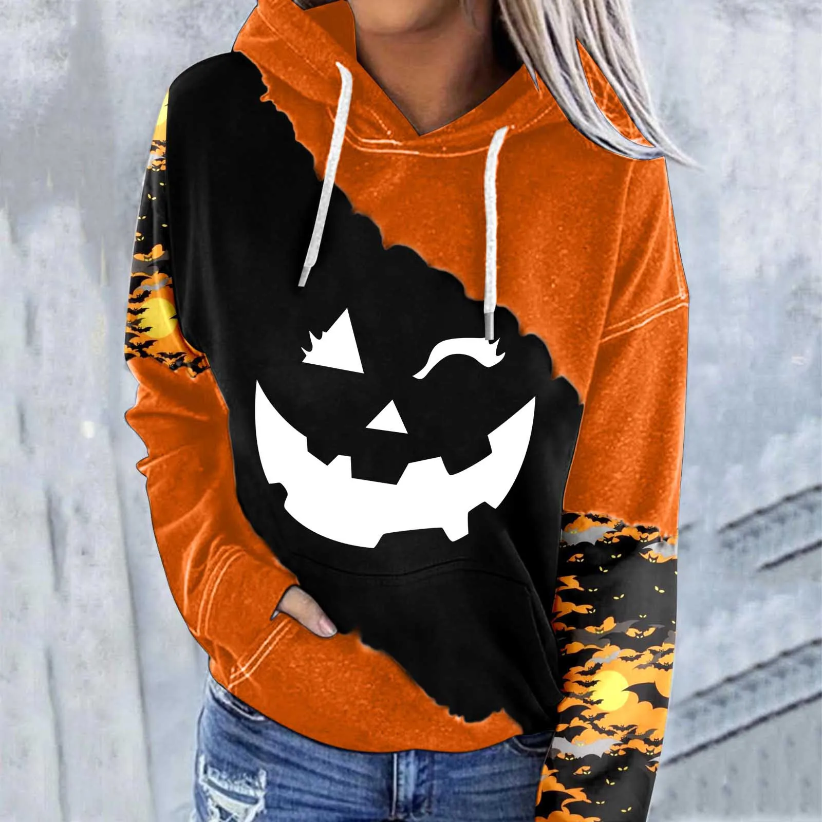 

Women Casual Hoodie Halloween Print Colorblock Sleeve Pocket Dark Long Sleeve Bodysuit Womens Tunic Fall Apparel Women