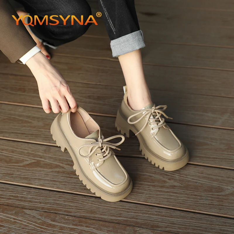 

Повседневные Лоферы YQMSYNA для женщин, Нескользящие туфли на толстой нескользящей квадратной подошве, удобные туфли на шнуровке с круглым носком для поездок, A85