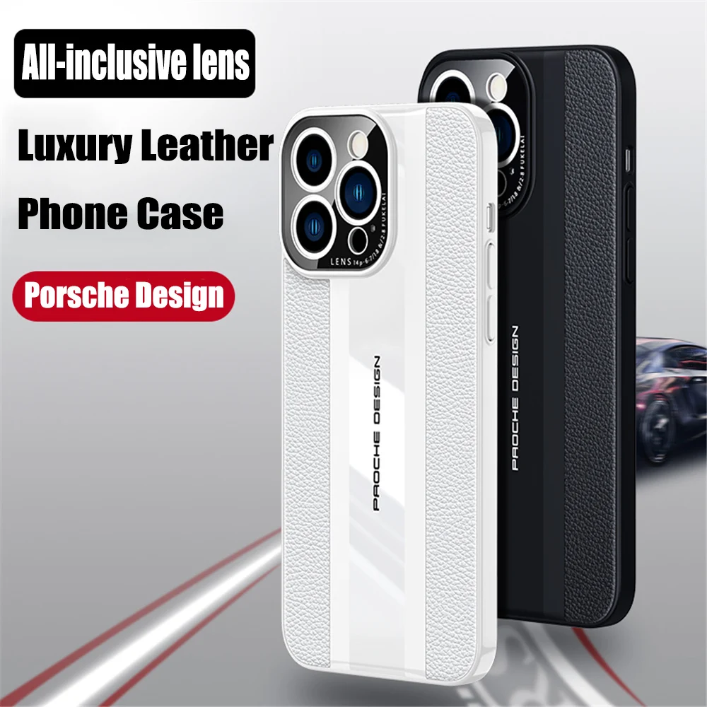 

Luxury Ultra-thin Genuine Leather Camera Cover For iPhone 14 Pro Max Plus 13 12 Splicing Racing Car Design Shockproof Phone Case