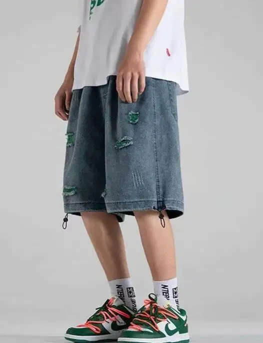 Hole Denim Shorts Men's High Street Summer Jean Shorts Men Casual Straight Loose Knee Length Pants