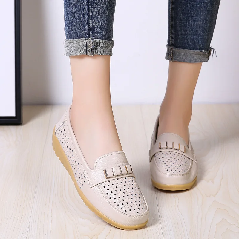 41 42 43 Plus Big Over Large Size Cowhide Beanie Shoes  Mom Shoes Flat Foot Kick Hole Shoes Women's Single Shoes Luxury Shoes