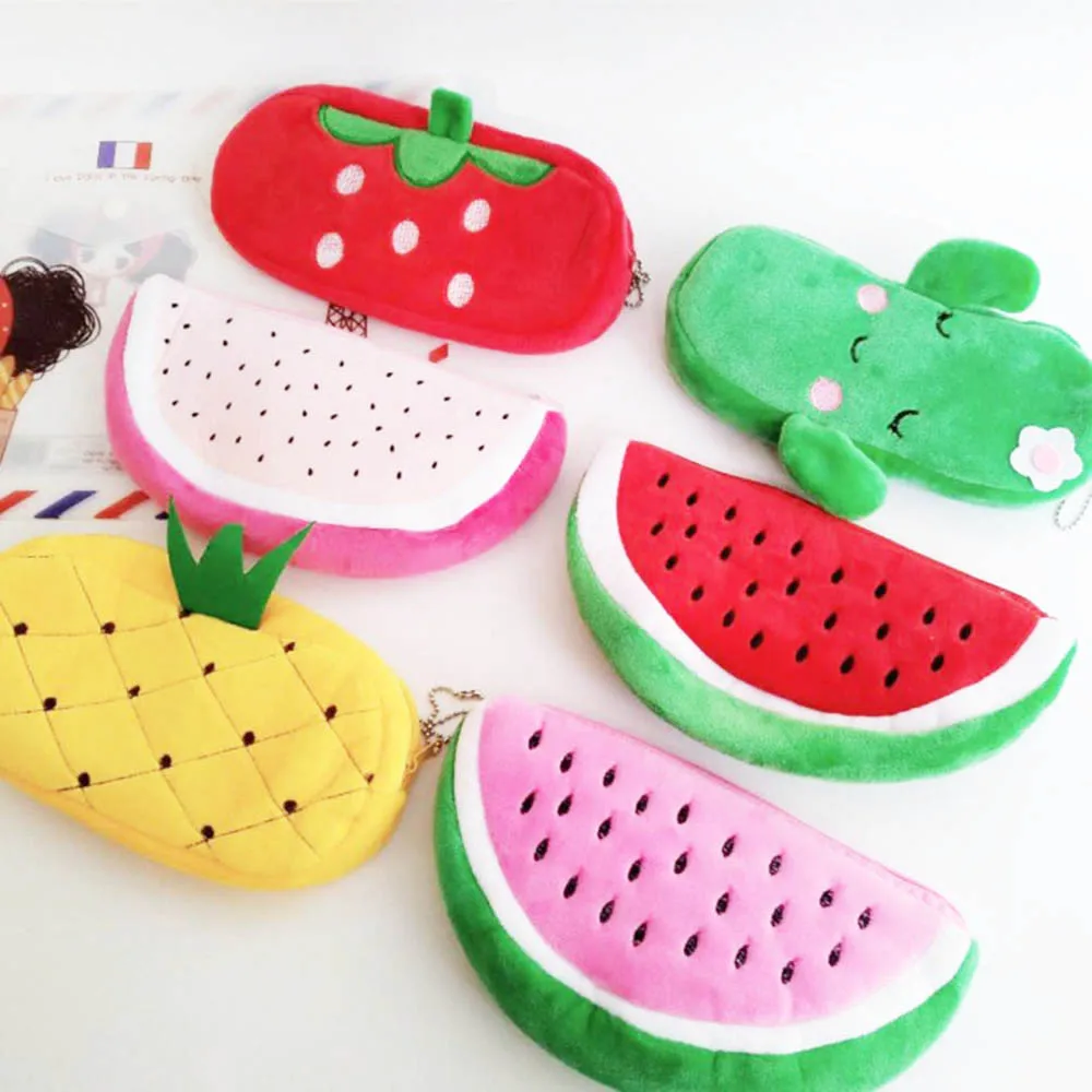 Cute Fruit Watermelon Cactus Plush Pencil Case Cosmetic Bag Pen Box for Girls Gift Stationery Pouch School Office Supplies