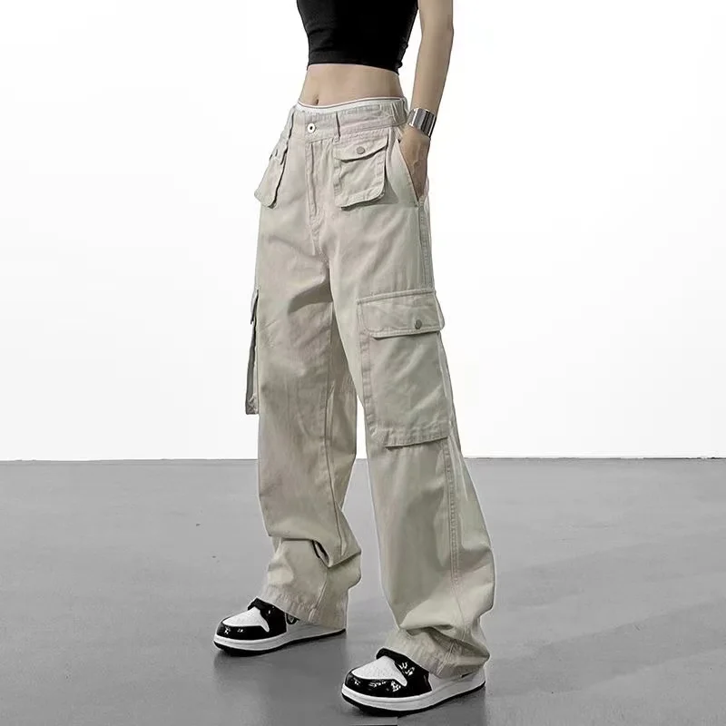 Overalls Women's Street Solid Color Retro Pocket Hip Hop Sweatpants Women's Loose Casual Straight Leg Pants Street Women's Wear
